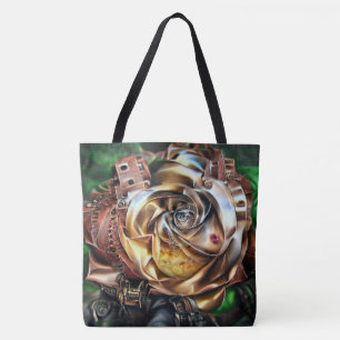 Steampunk Rose with Surreal Face – Mechanical Flor Tote Bag