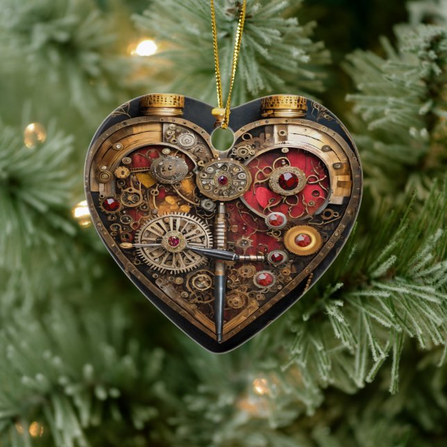 Steampunk Rubies And Gears Dark Heart  Ceramic Tree Decoration (Tree)