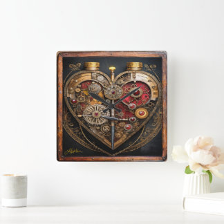 Steampunk Rubies And Gears Dark Heart Square Wall Clock