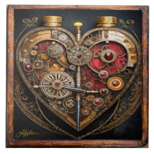 Steampunk Rubies And Gears Dark Heart  Tile
