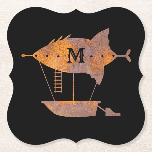 Steampunk Rusty Airship Custom Monogram Paper Coaster (Front)