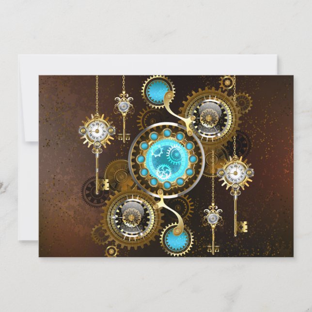 Steampunk Rusty Background with Turquoise Lenses Announcement (Front)