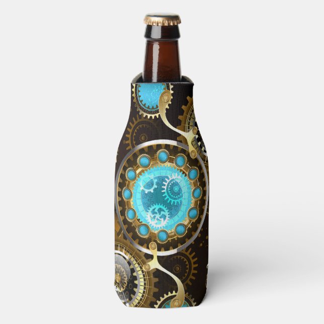 Steampunk Rusty Background with Turquoise Lenses Bottle Cooler (Bottle Front)