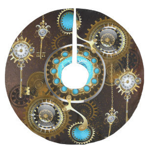 Steampunk Rusty Background with Turquoise Lenses Brushed Polyester Tree Skirt