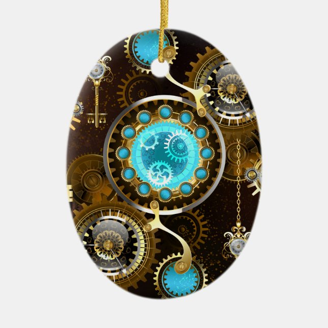 Steampunk Rusty Background with Turquoise Lenses Ceramic Tree Decoration (Front)