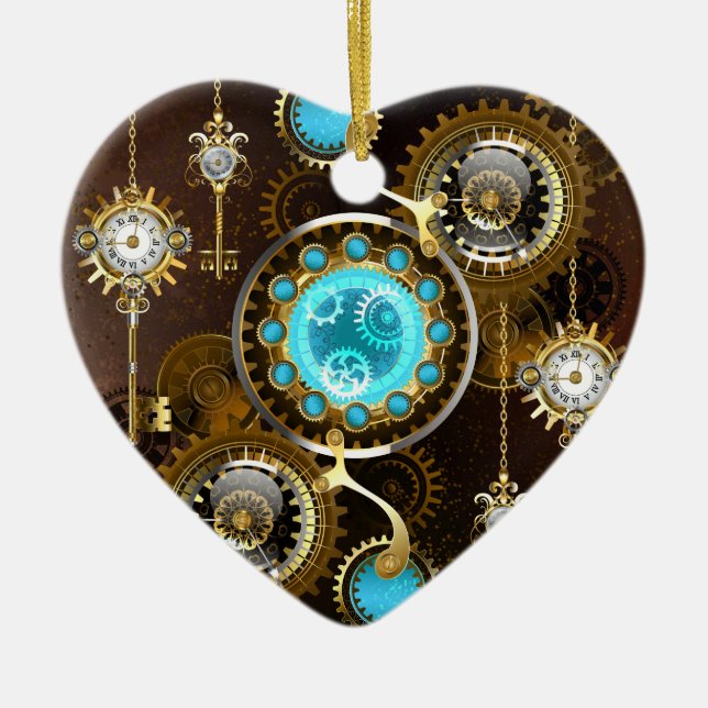Steampunk Rusty Background with Turquoise Lenses Ceramic Tree Decoration (Front)
