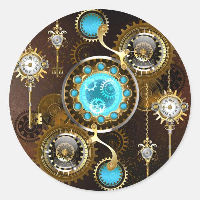 Steampunk Rusty Background with Turquoise Lenses Classic Round Sticker (Front)
