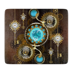 Steampunk Rusty Background with Turquoise Lenses Cutting Board