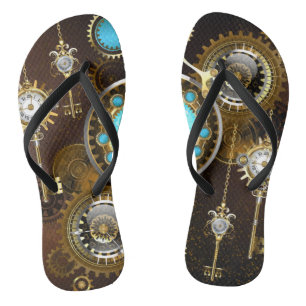 Steampunk Rusty Background with Turquoise Lenses Flip Flops