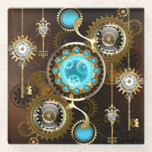 Steampunk Rusty Background with Turquoise Lenses Glass Coaster