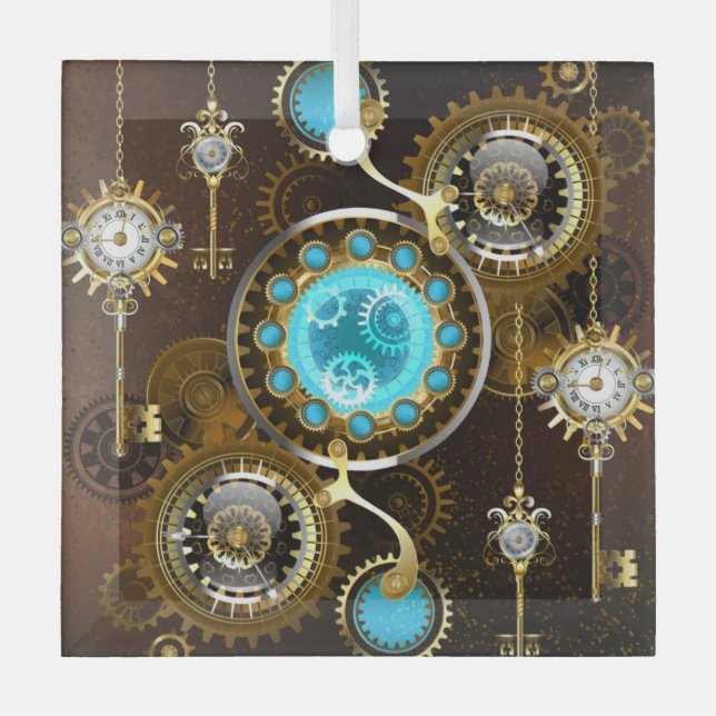 Steampunk Rusty Background with Turquoise Lenses Glass Tree Decoration (Front)