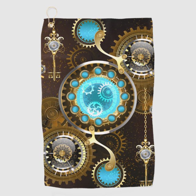 Steampunk Rusty Background with Turquoise Lenses Golf Towel (Front)