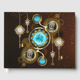Steampunk Rusty Background with Turquoise Lenses Guest Book