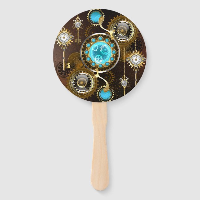 Steampunk Rusty Background with Turquoise Lenses Hand Fan (Front)