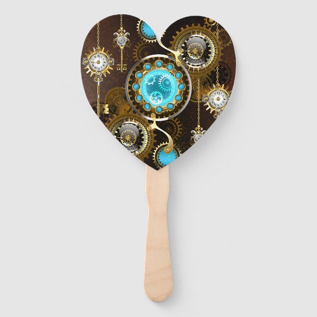 Steampunk Rusty Background with Turquoise Lenses Hand Fan (Front)