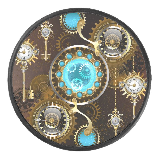 Steampunk Rusty Background with Turquoise Lenses Hockey Puck (Front)