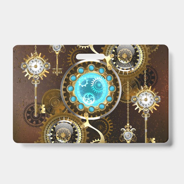 Steampunk Rusty Background with Turquoise Lenses ID Badge (Front)