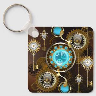 Steampunk Rusty Background with Turquoise Lenses Key Ring