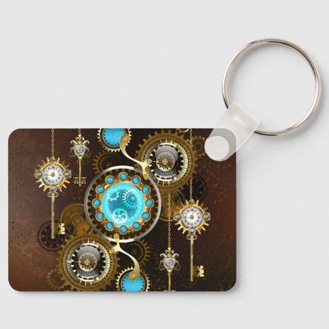 Steampunk Rusty Background with Turquoise Lenses Key Ring (Front)
