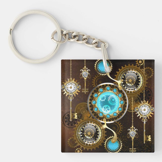 Steampunk Rusty Background with Turquoise Lenses Key Ring (Front)
