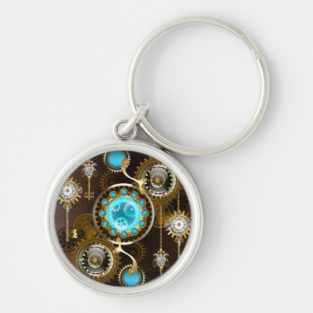 Steampunk Rusty Background with Turquoise Lenses Key Ring (Front)