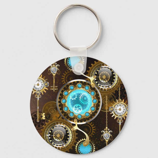 Steampunk Rusty Background with Turquoise Lenses Key Ring (Front)