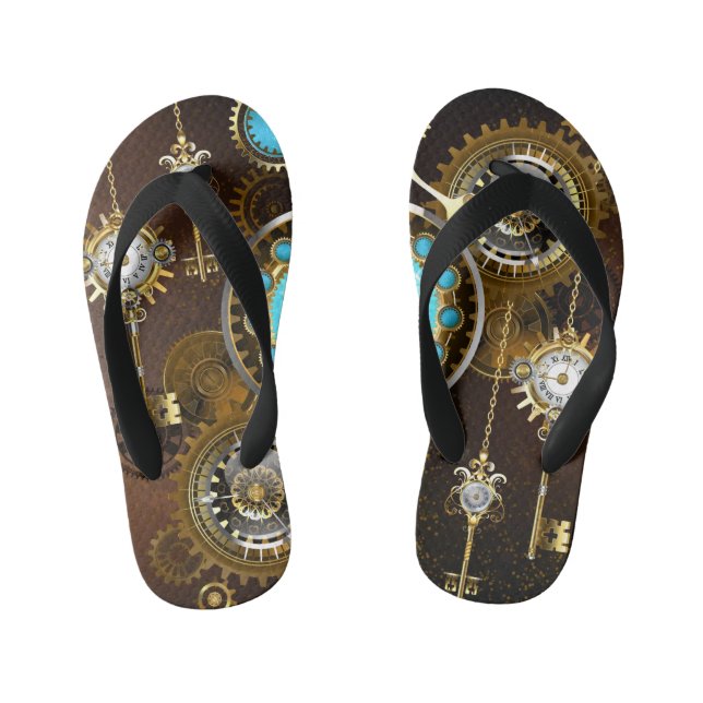 Steampunk Rusty Background with Turquoise Lenses Kid's Flip Flops (Footbed)