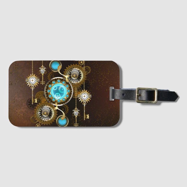 Steampunk Rusty Background with Turquoise Lenses Luggage Tag (Front Horizontal)