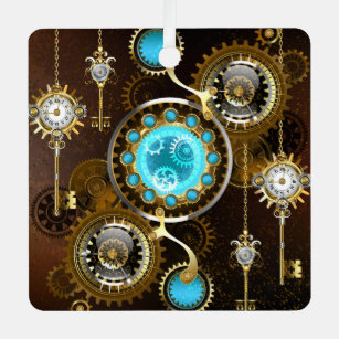 Steampunk Rusty Background with Turquoise Lenses Metal Tree Decoration