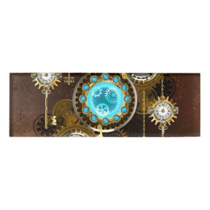 Steampunk Rusty Background with Turquoise Lenses Name Tag