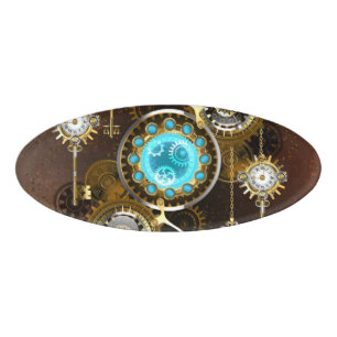 Steampunk Rusty Background with Turquoise Lenses Name Tag