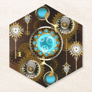 Steampunk Rusty Background with Turquoise Lenses Paper Coaster