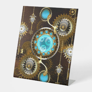 Steampunk Rusty Background with Turquoise Lenses Pedestal Sign