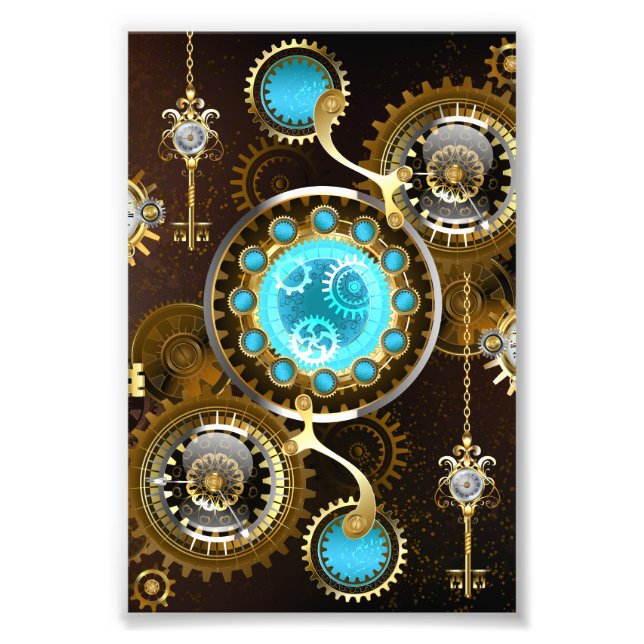 Steampunk Rusty Background with Turquoise Lenses Photo Print (Front)