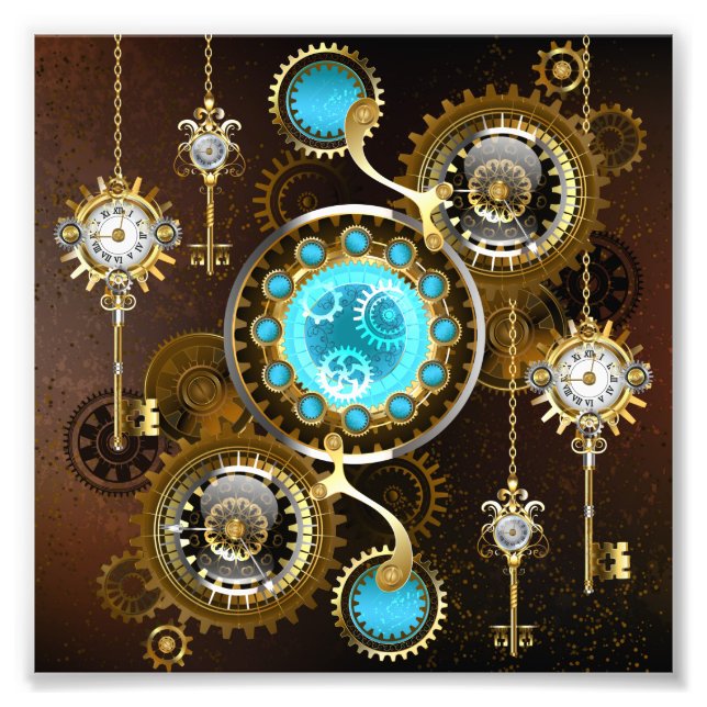 Steampunk Rusty Background with Turquoise Lenses Photo Print (Front)