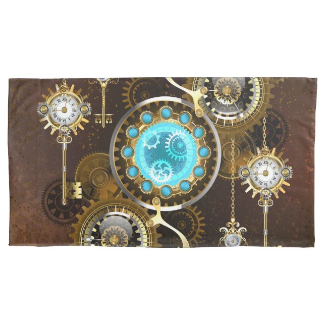 Steampunk Rusty Background with Turquoise Lenses Pillowcase (Front)