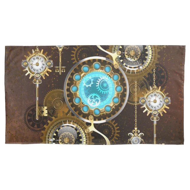 Steampunk Rusty Background with Turquoise Lenses Pillowcase (Front-Left)
