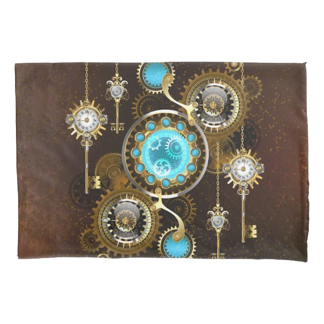 Steampunk Rusty Background with Turquoise Lenses Pillowcase (Front-Left)