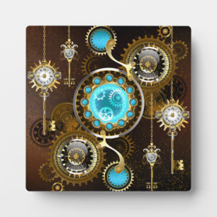 Steampunk Rusty Background with Turquoise Lenses Plaque