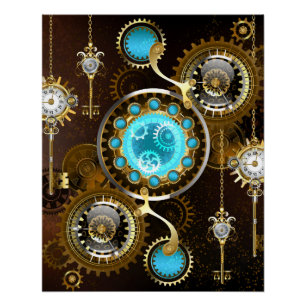 Steampunk Rusty Background with Turquoise Lenses Poster