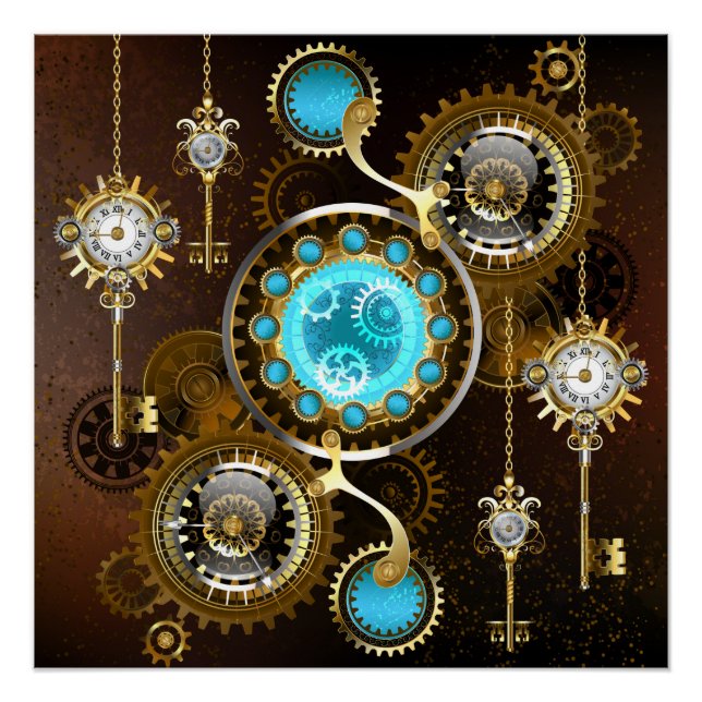Steampunk Rusty Background with Turquoise Lenses Poster (Front)