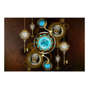 Steampunk Rusty Background with Turquoise Lenses Poster