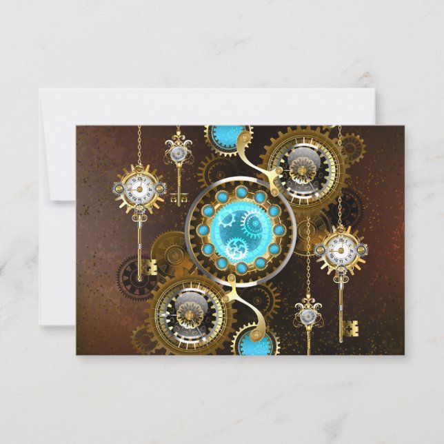 Steampunk Rusty Background with Turquoise Lenses RSVP Card (Front)