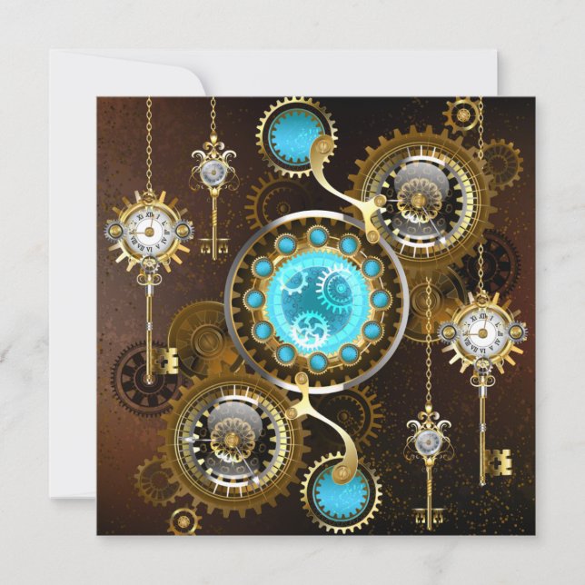 Steampunk Rusty Background with Turquoise Lenses Save The Date (Front)