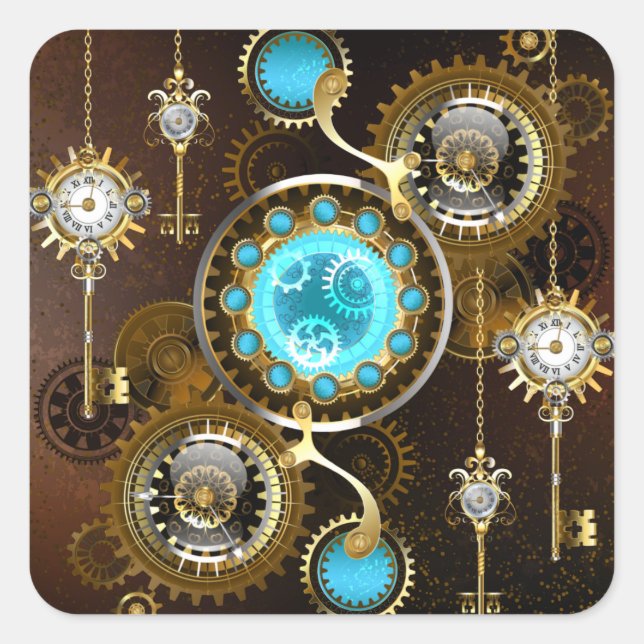 Steampunk Rusty Background with Turquoise Lenses Square Sticker (Front)