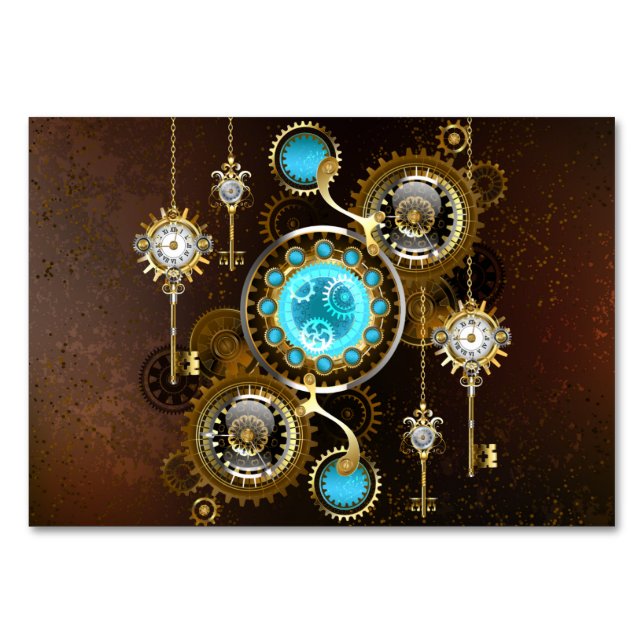 Steampunk Rusty Background with Turquoise Lenses Table Number (Front)