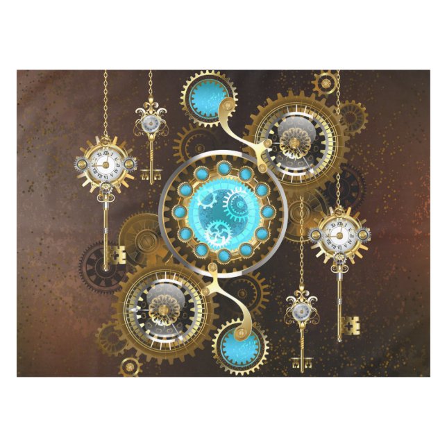 Steampunk Rusty Background with Turquoise Lenses Tablecloth (Front (Horizontal))
