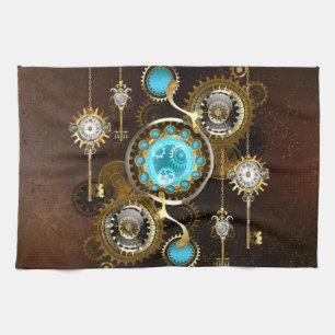 Steampunk Rusty Background with Turquoise Lenses Tea Towel