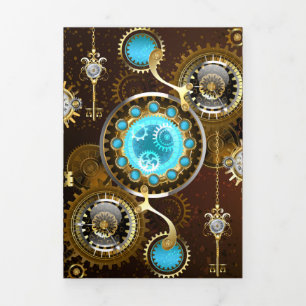 Steampunk Rusty Background with Turquoise Lenses Tri-Fold Holiday Card