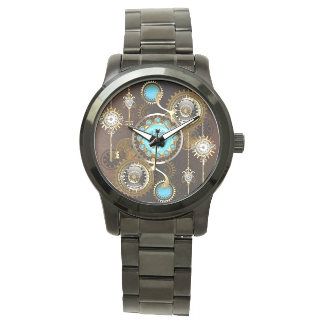 Steampunk Rusty Background with Turquoise Lenses Watch (Front)
